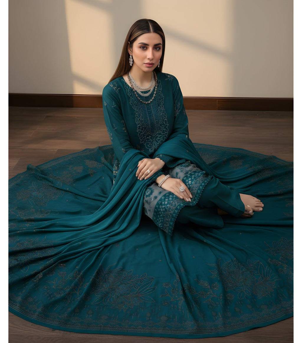 BAVLI BY ZIMAL TEXTILES SLUB VISCOSE EMBROIDERED UNSTICHED 3pc With Barosha Shawl SL-D03