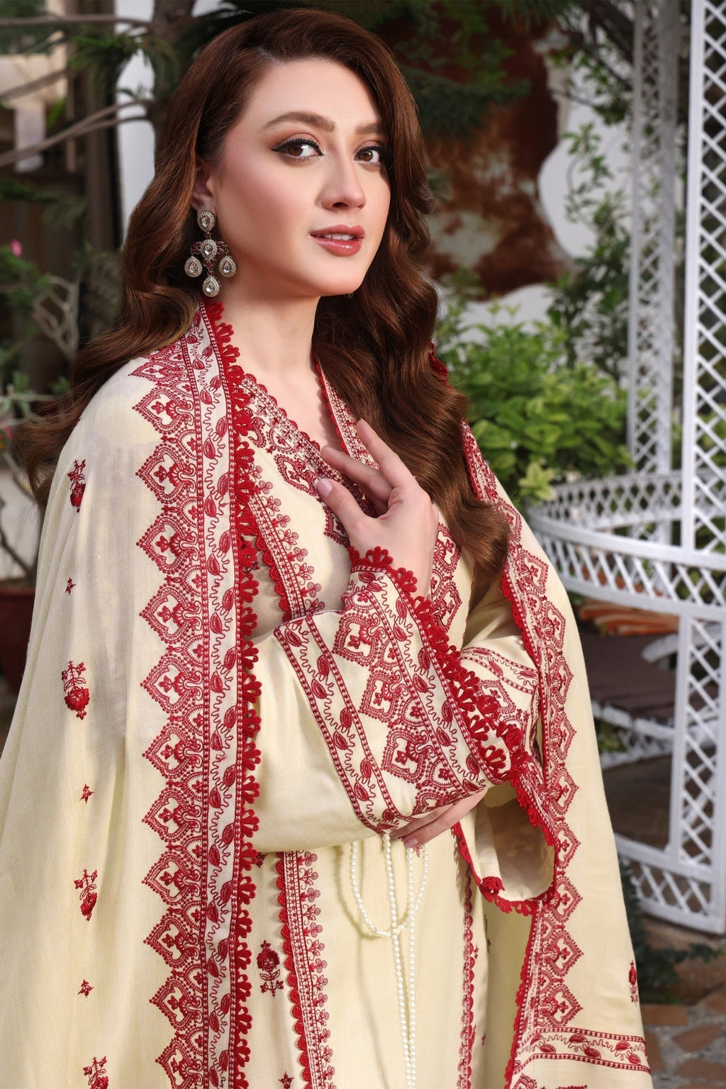 ANEELAS-3PC DHANAK EMBROIDERED SHIRT WITH DHANAK EMBROIDERED SHAWL & TROUSER SL-1155
