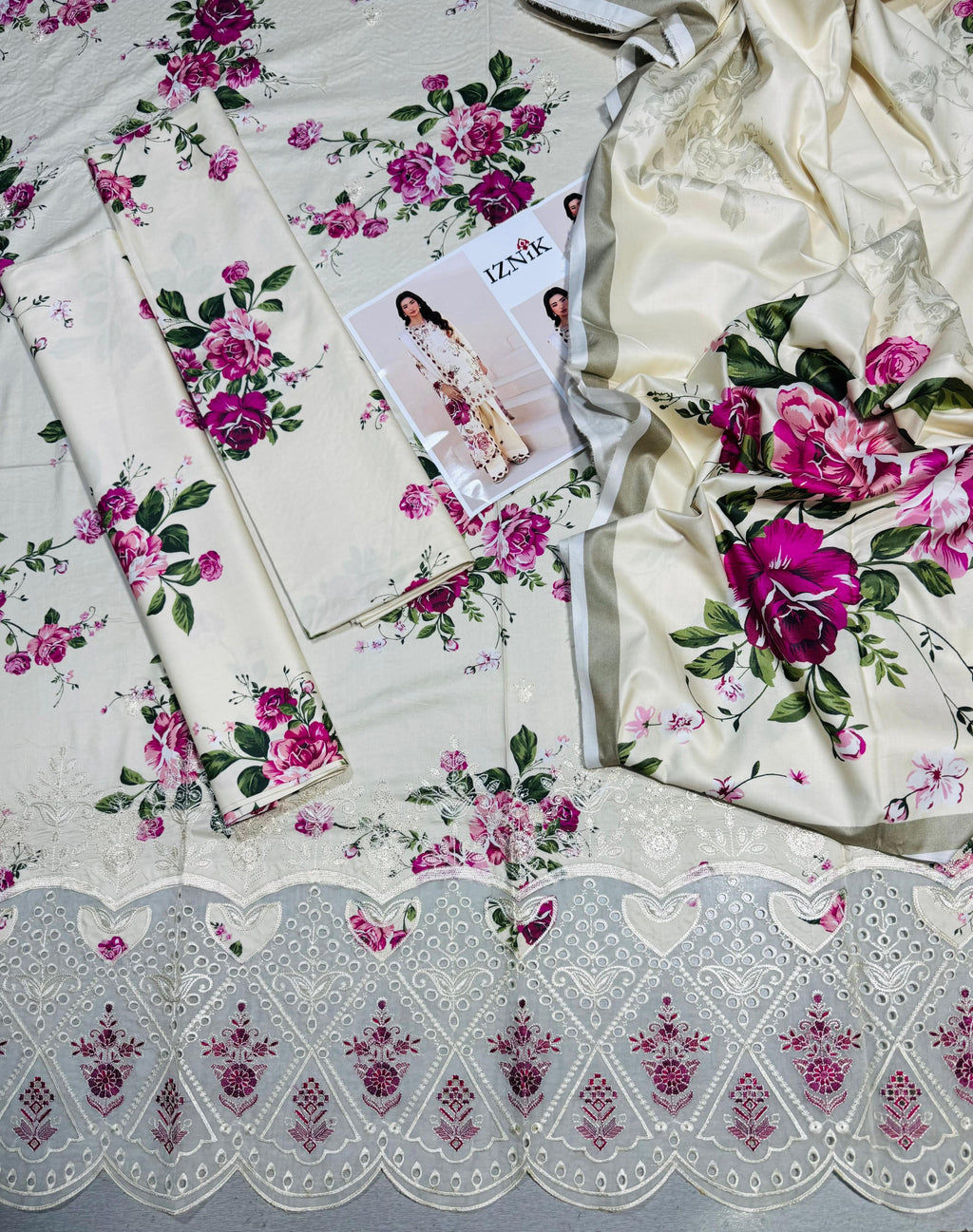 IZNIK LUXE DAMAN APPLIC PRINTED-EMBROIDERED LINEN UNSTICHED 3pc (SL-4839)