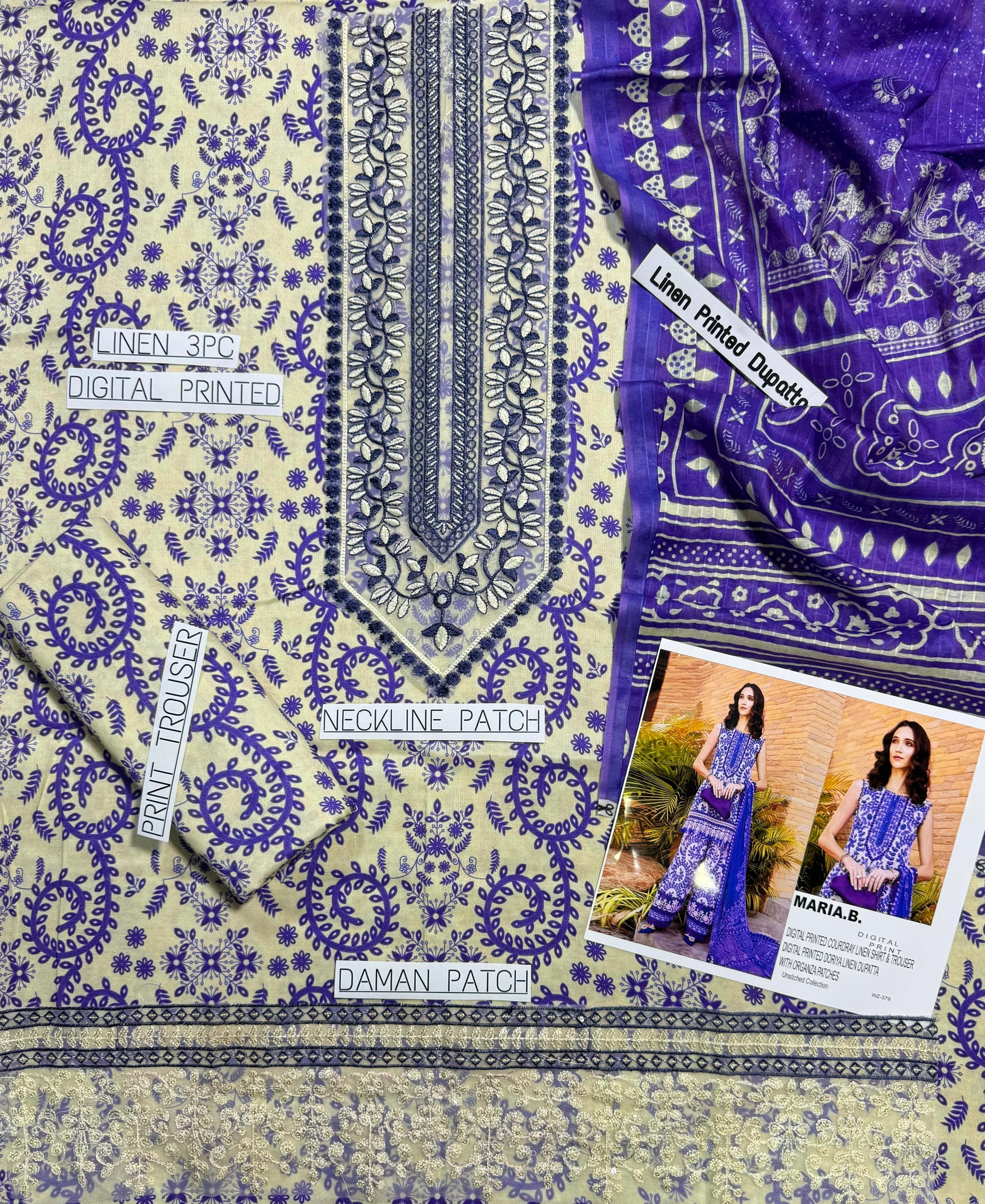 MARIA B PRINTED EMBROIDERED LINEN UNSTICHED 3pc (SL-9262)