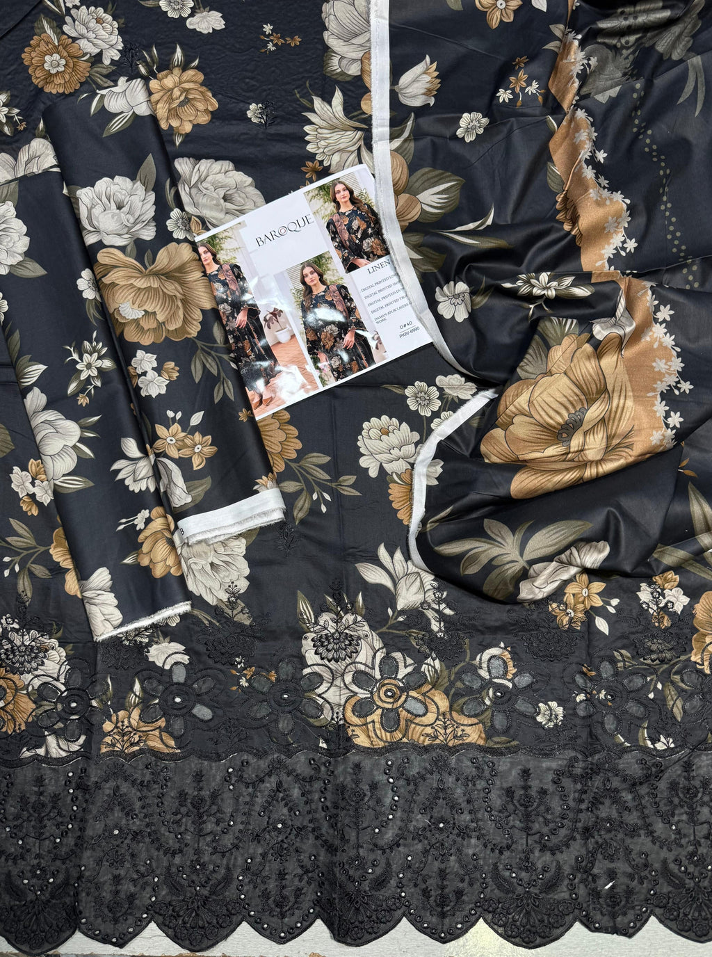 BAROQUE DAMAN APLIC WORK PRINTED-EMBROIDERED LINEN UNSTICHED 3PC (SL-2384)