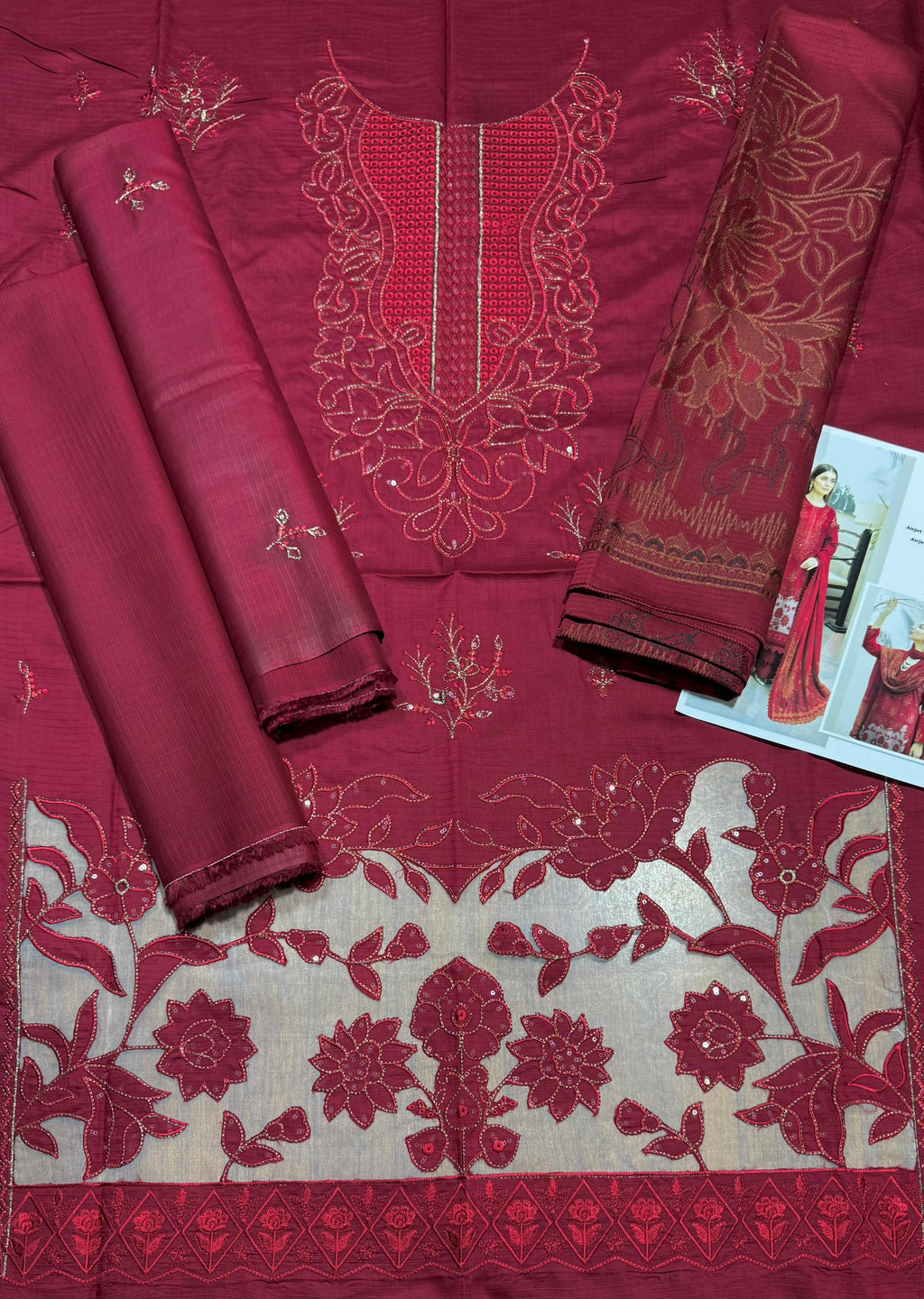 “BAVLI” SLUB VISCOSE EMBROIDERED APLIC WORK UNSTICHED 3pc SL-D02