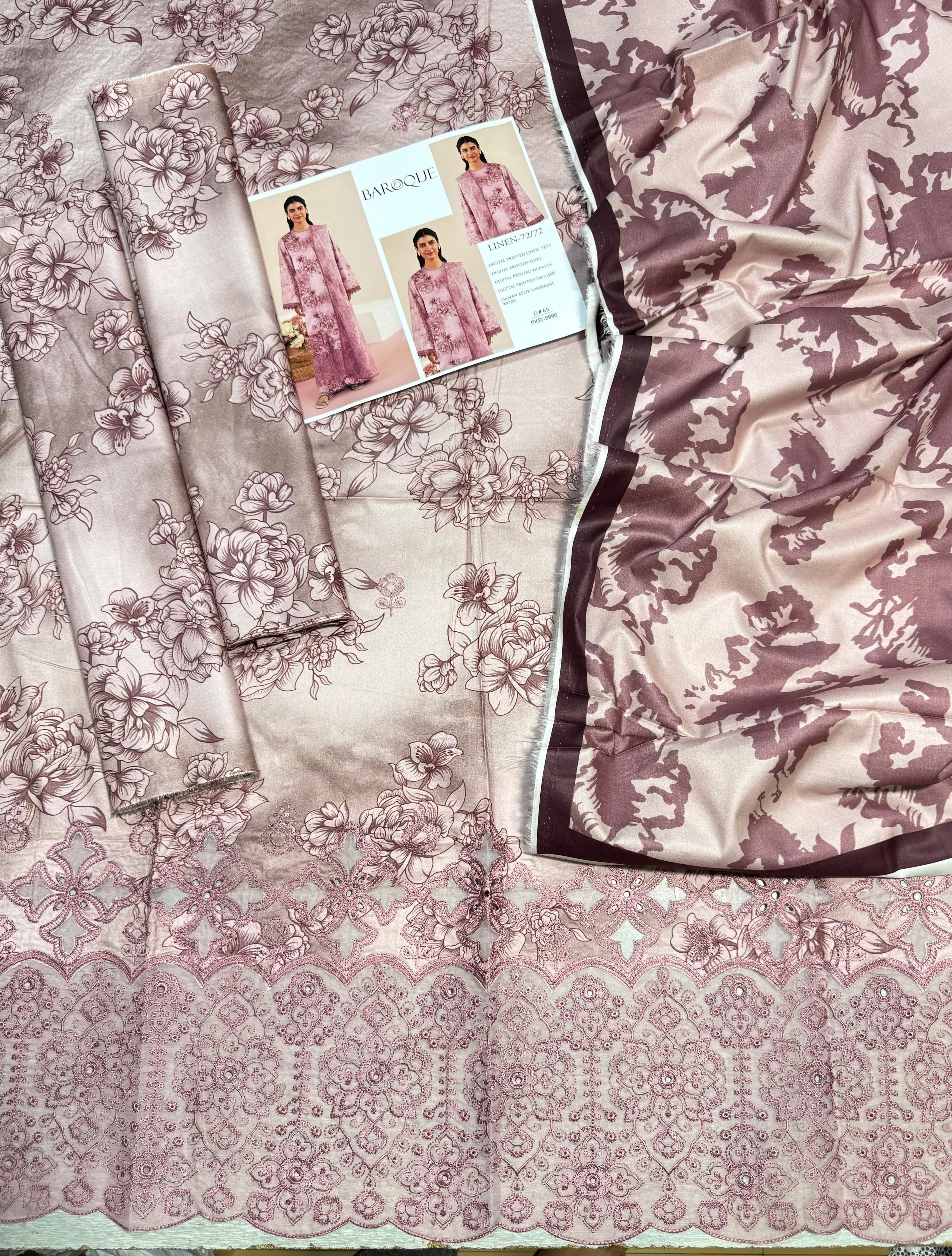 BAROQUE LUXE DAMAN APLIC WORK PRINTED-EMBROIDERED UNSTICHED LINEN 3PC (SL-522)