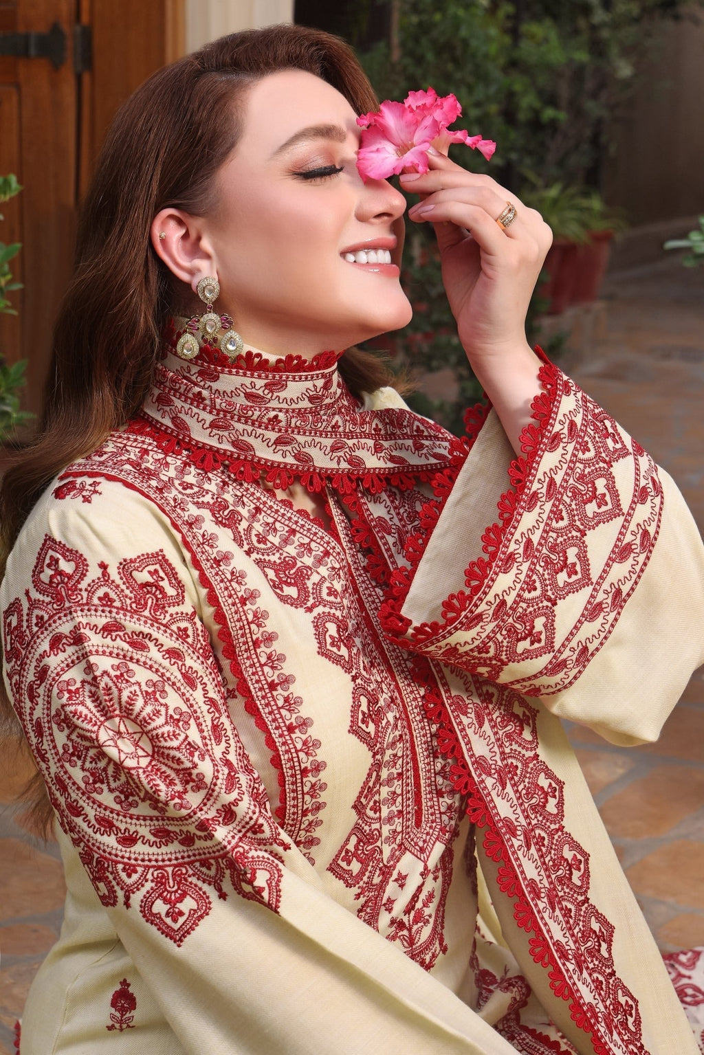 ANEELAS-3PC DHANAK EMBROIDERED SHIRT WITH DHANAK EMBROIDERED SHAWL & TROUSER SL-1155