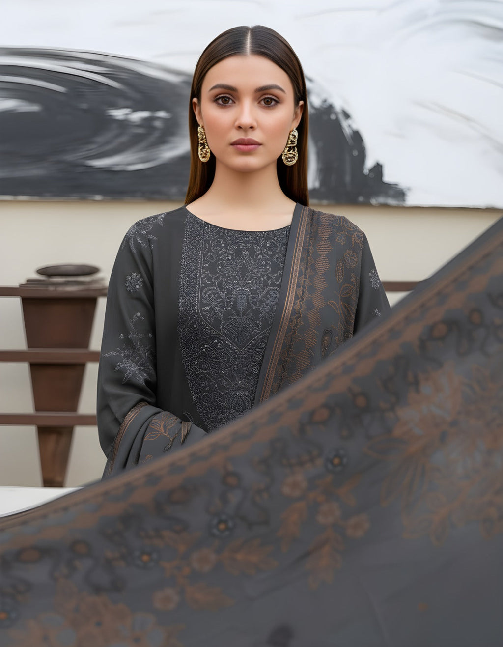 “BAVLI” BY ZIMAL TEXTILES SLUB VISCOSE EMBROIDERED APLIC WORK UNSTICHED 3pc SL-D02