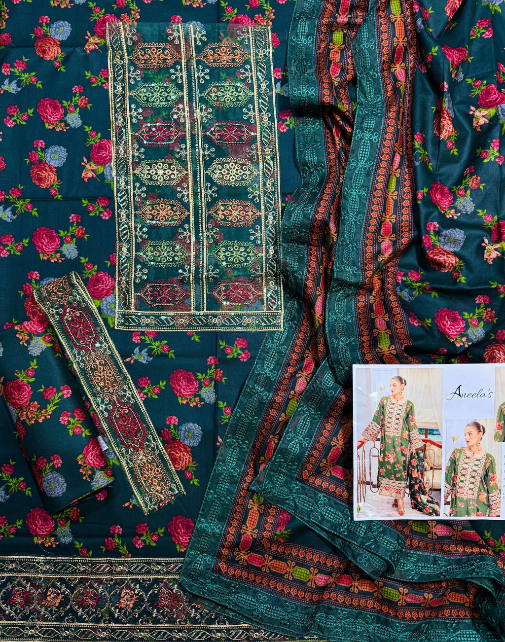 Sahiba-ANEELA’s COLLECTION PRINTED EMBROIDERED DHANAK UNSTICHED 3pc