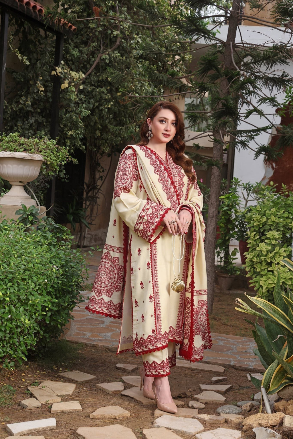 ANEELAS-3PC DHANAK EMBROIDERED SHIRT WITH DHANAK EMBROIDERED SHAWL & TROUSER SL-1155