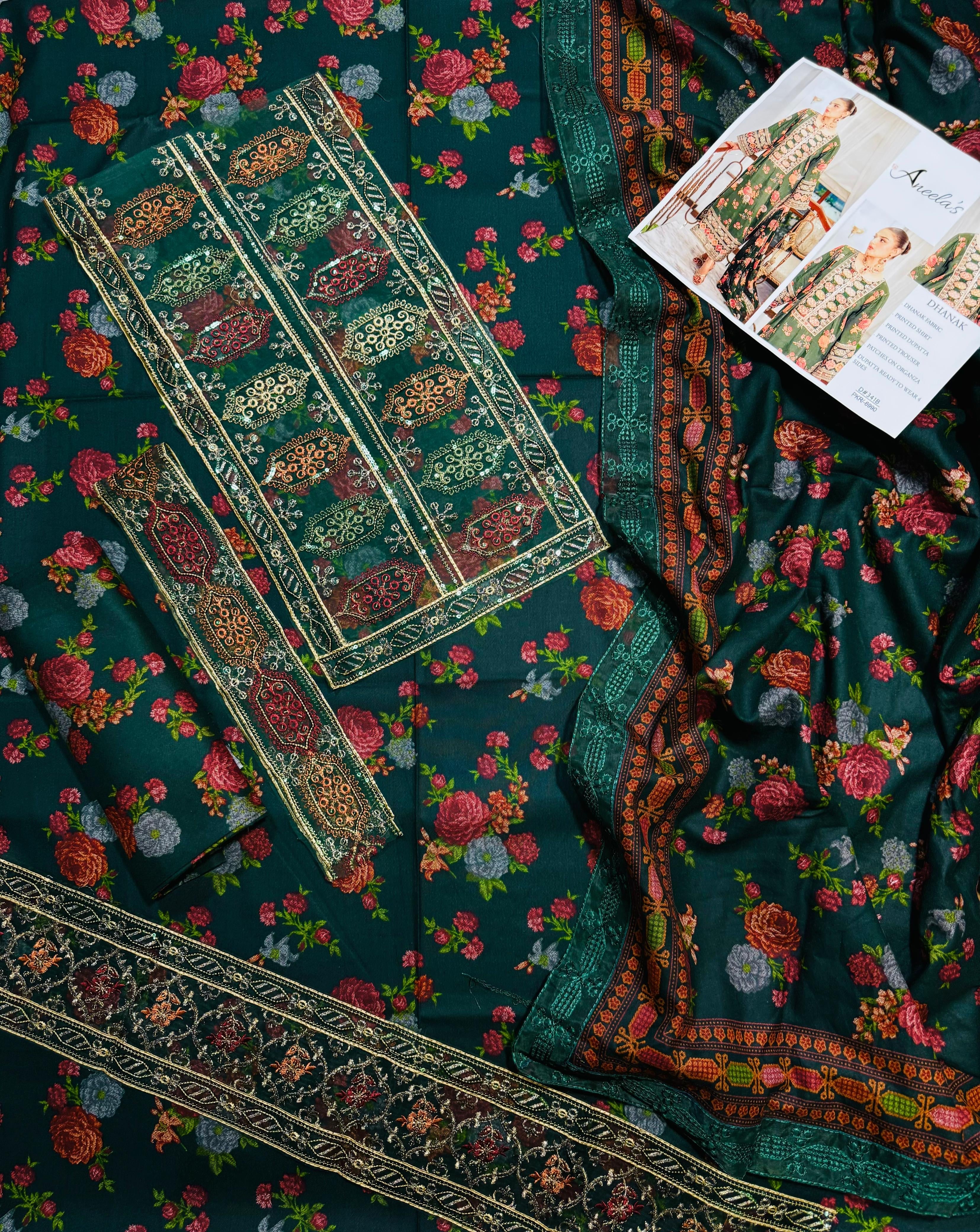 Sahiba-ANEELA’s COLLECTION PRINTED EMBROIDERED DHANAK UNSTICHED 3pc