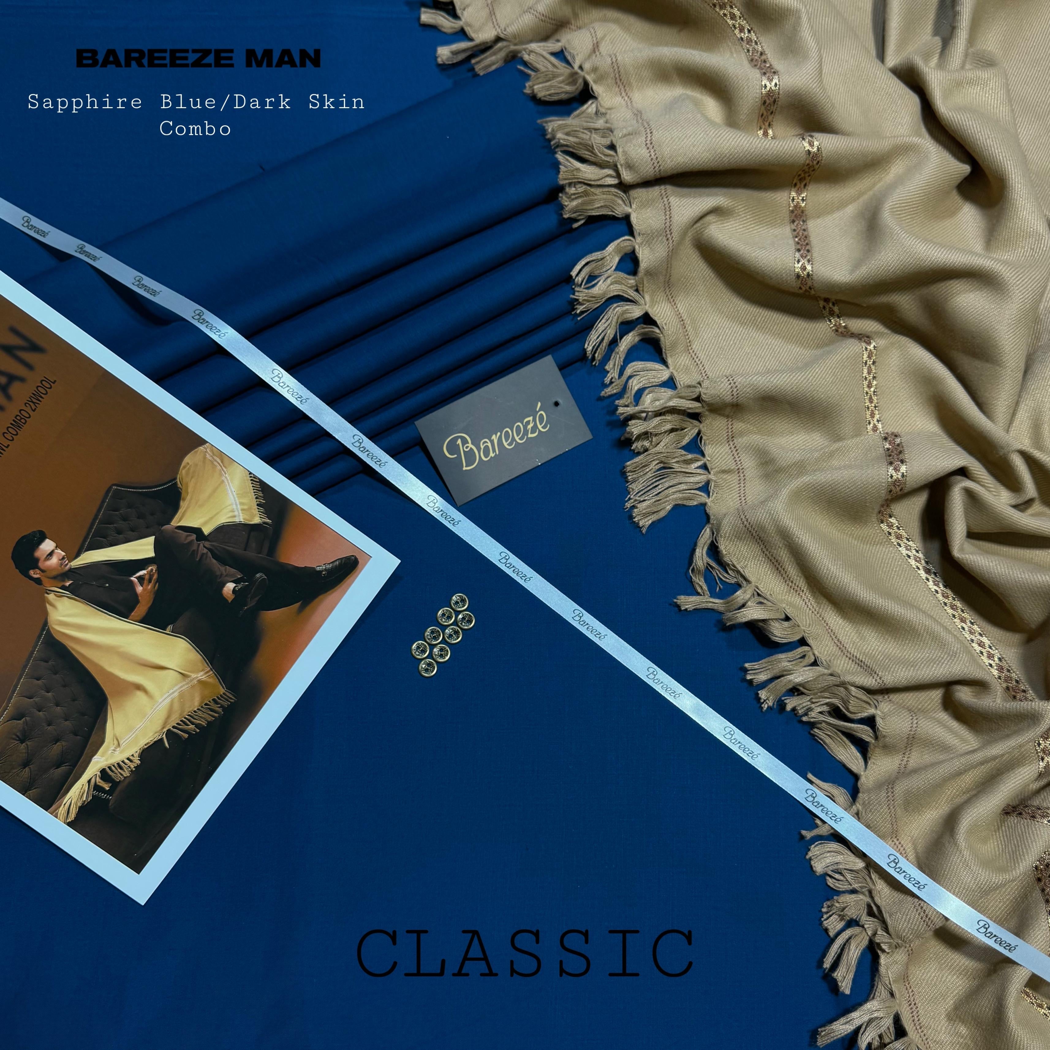 MEN’s PREMIUM WOOLEN WASH&WEAR WITH WOOL SHAWL (SAPHIRE BLUE&SKIN ALMOND COMBO)