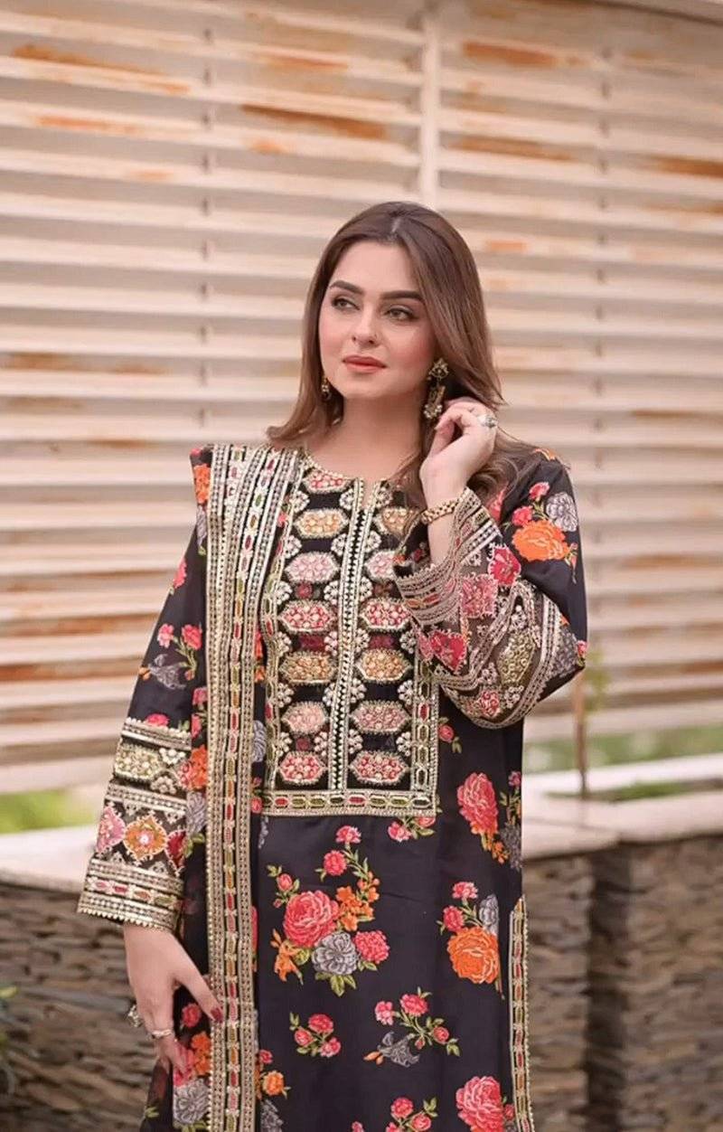 ARZAY “Black Floral Printed  Embroidered 3-Piece Suit – Luxury Dhanak UNSTICHED collection (SL-1655)