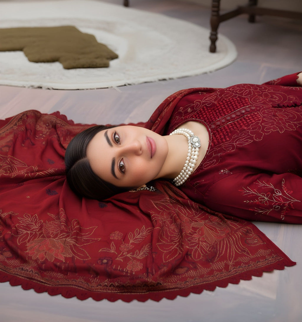 “BAVLI” SLUB VISCOSE EMBROIDERED APLIC WORK UNSTICHED 3pc SL-D02