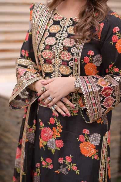 ARZAY “Black Floral Printed  Embroidered 3-Piece Suit – Luxury Dhanak UNSTICHED collection (SL-1655)