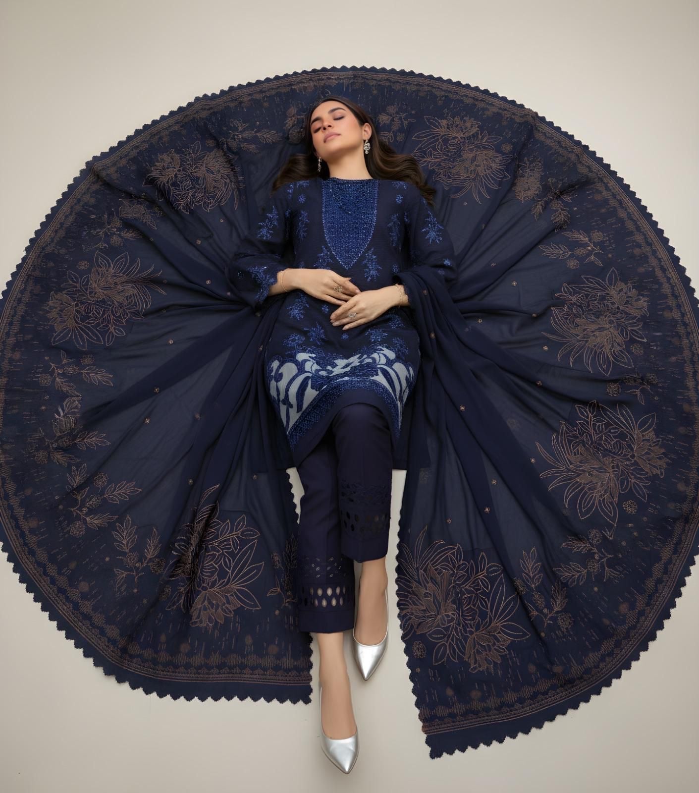 “BAVLI” BY ZIMAL TEXTILES SLUB VISCOSE EMBROIDERED APLIC WORK UNSTICHED 3pc SL-D05