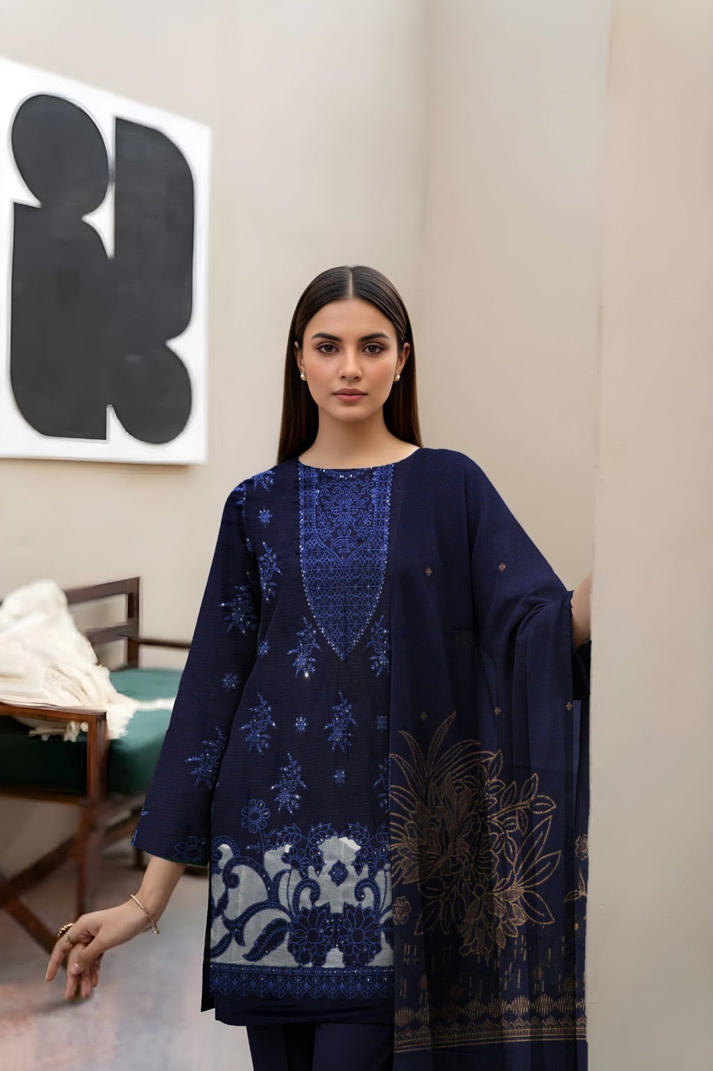 “BAVLI” BY ZIMAL TEXTILES SLUB VISCOSE EMBROIDERED APLIC WORK UNSTICHED 3pc SL-D05