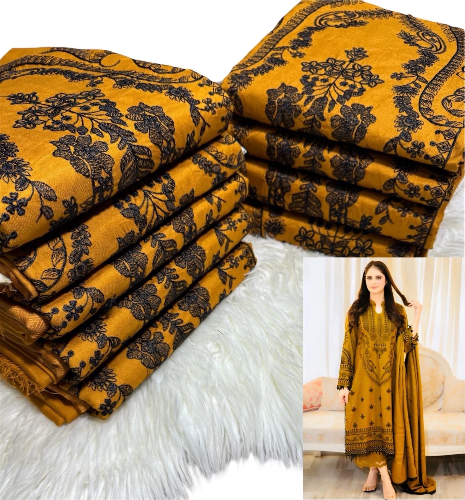 Zainii’s Mustard Embroidered Dhanak Unstiched 3pc WITH EMBROIDERED DHANAK SHAWL (SL-1155)