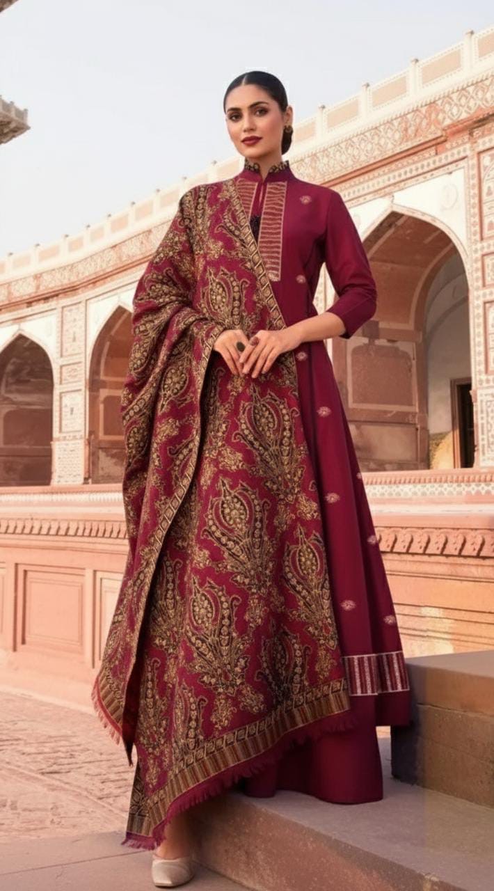 BAREEZE HEAVY EMBROIDERED DHANAK UNSTICHED 3pc WITH EMBROIDERED SHAWL (SL-507)