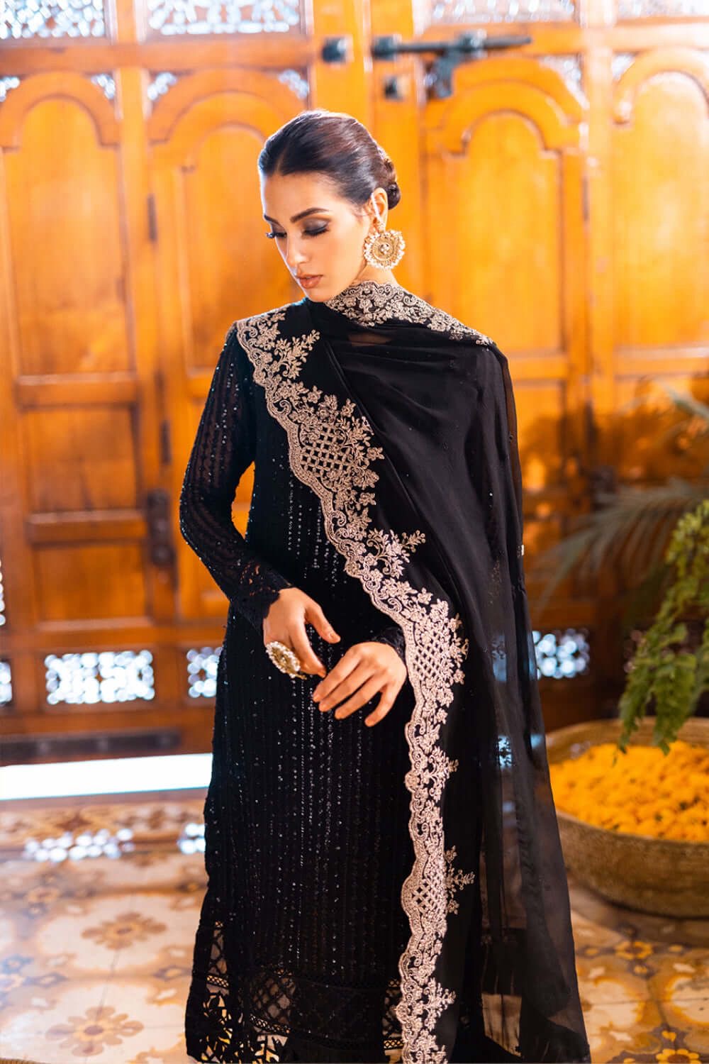 ONYX DOVE - AFROZEH LUXE 3PC UNSTICHED CHIFFON EMBROIDERED FORMAL DRESS (SL-1327)