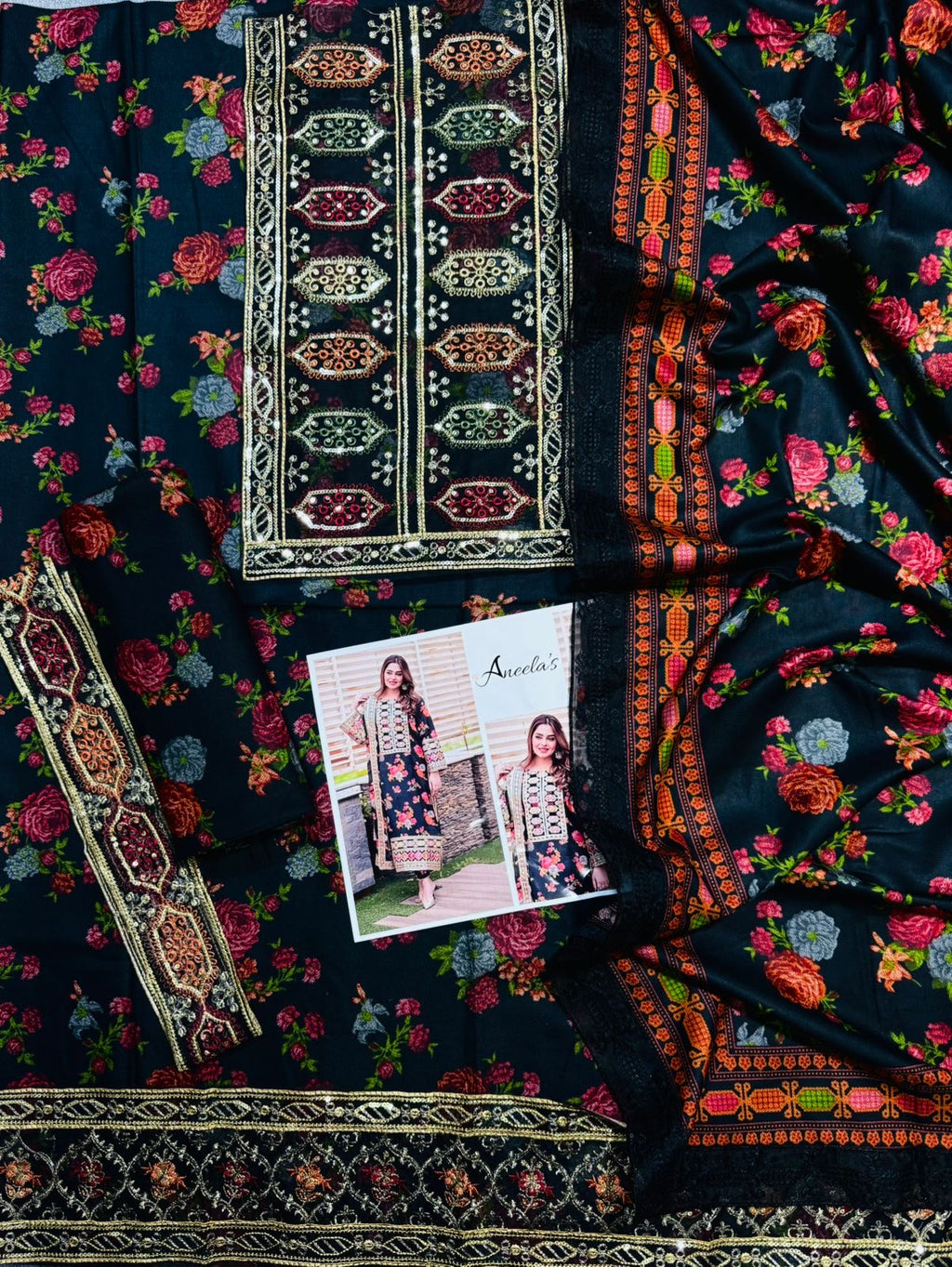 ARZAY “Black Floral Printed  Embroidered 3-Piece Suit – Luxury Dhanak UNSTICHED collection (SL-1655)