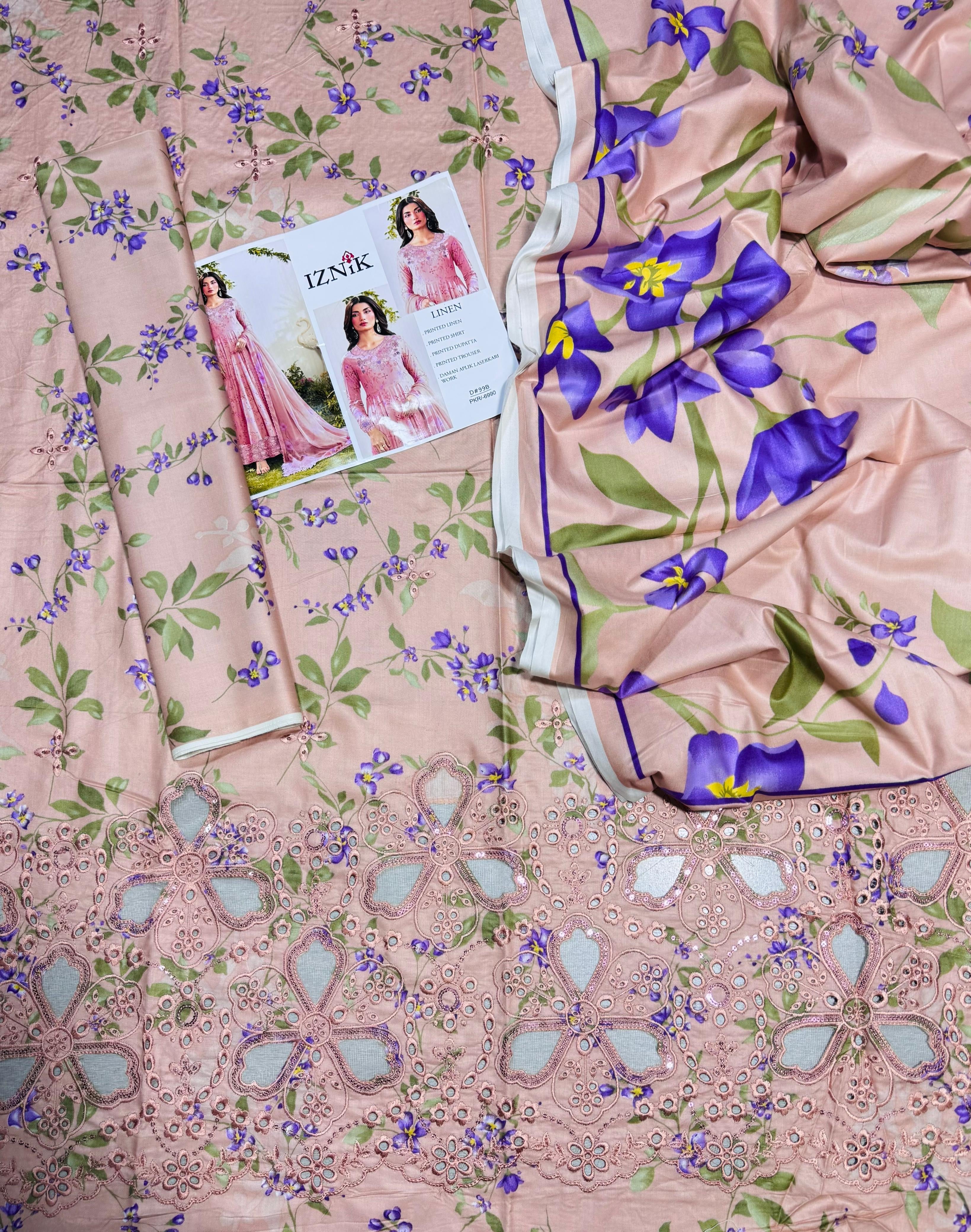IZNIK LUXE LINEN DAMAN APLIC WORK PRINTED-EMBROIDERED UNSTICHED 3PC (SL-2396)