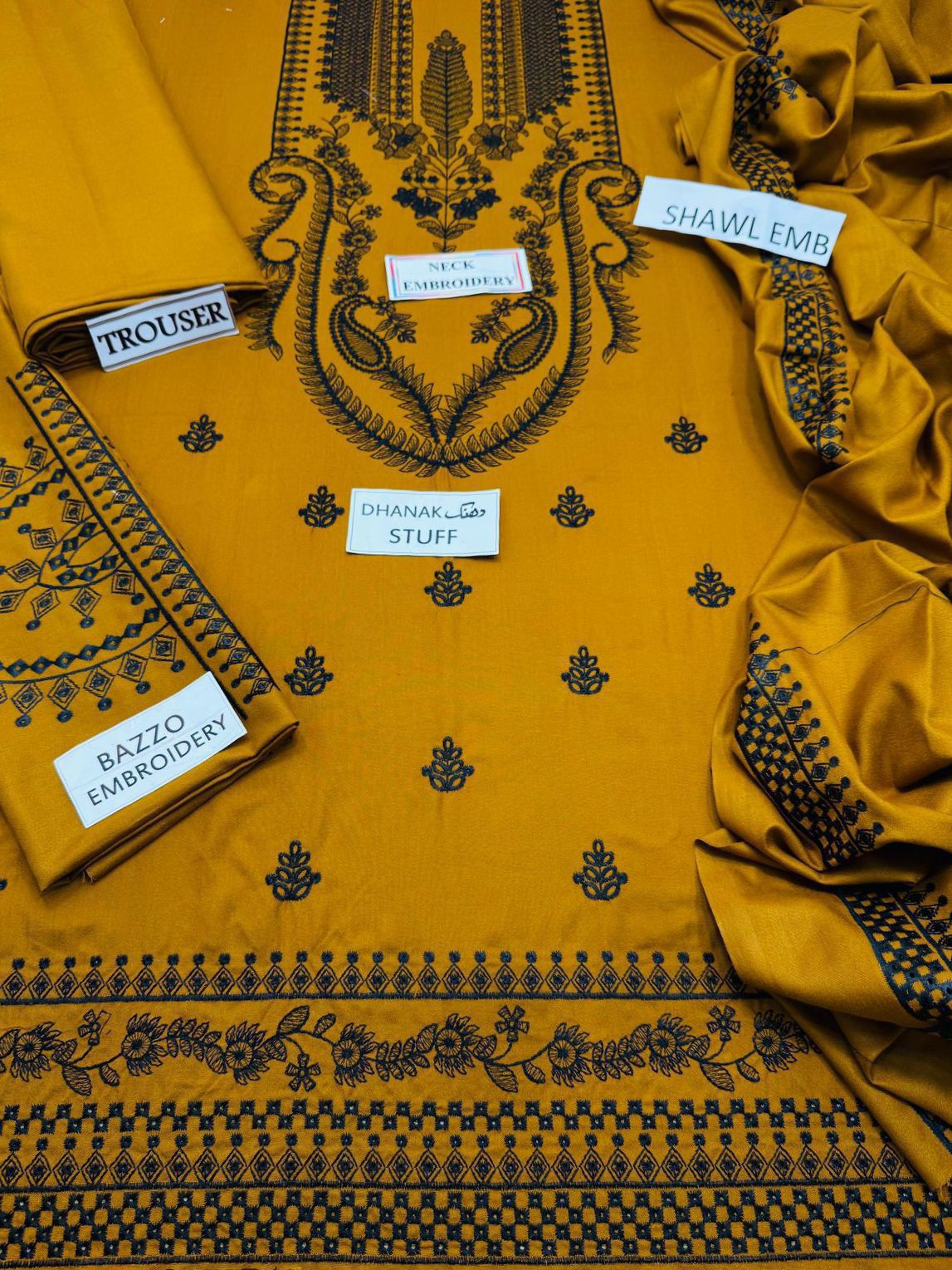 Zainii’s Mustard Embroidered Dhanak Unstiched 3pc WITH EMBROIDERED DHANAK SHAWL (SL-1155)